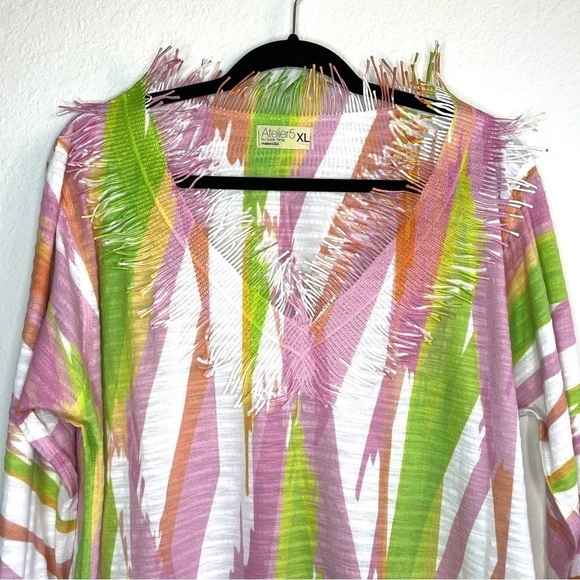 Atelier 5 By Gozde Yilmaz Multicolor 3/4 Sleeve Fringe V Neck Top - Picture 2 of 7